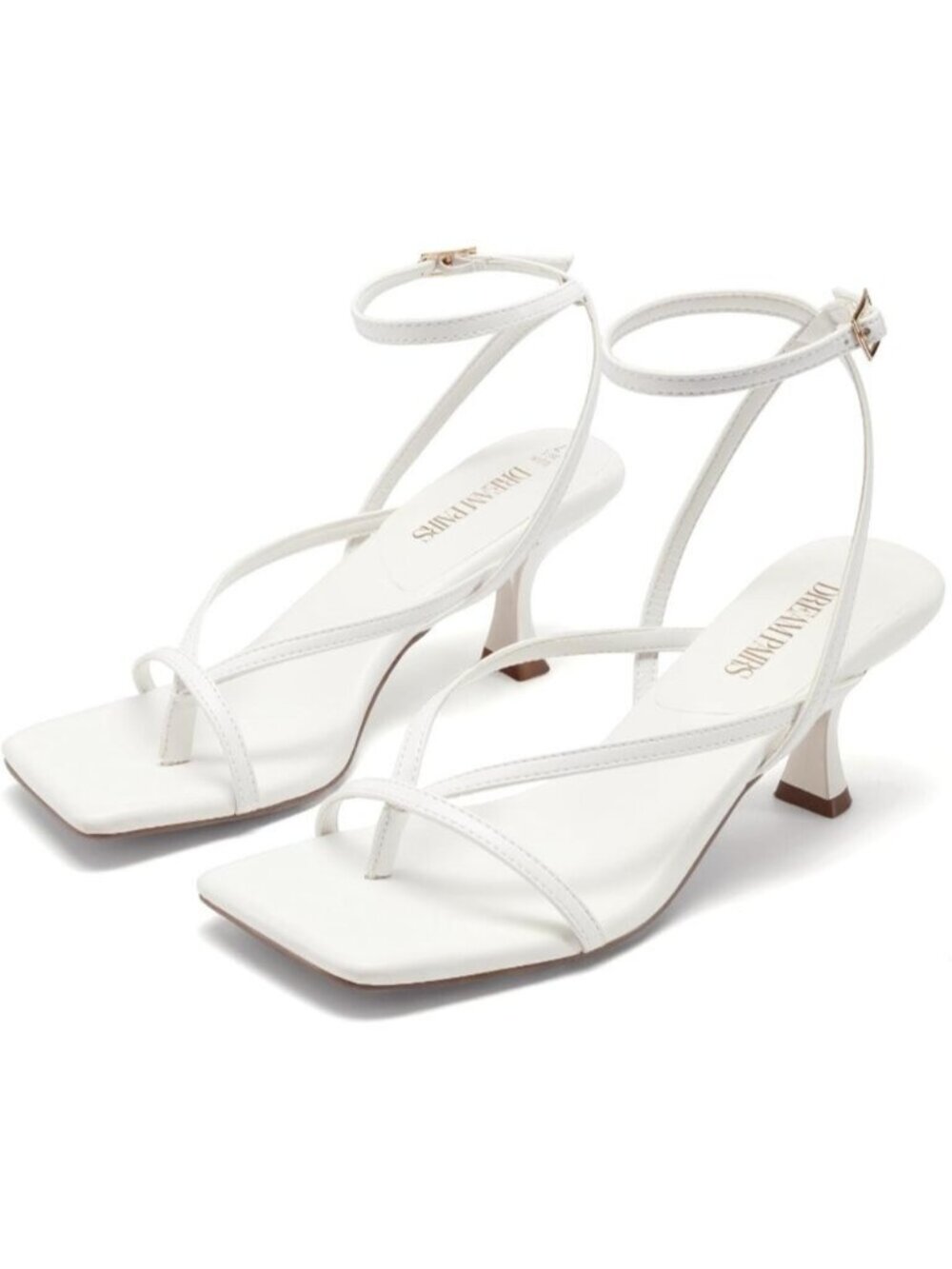 Womens White Pu Strappy Square Open Toe Dressy Thong Comfort Kitten Heel Sandal